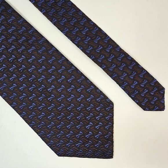 ALTEA MILANO ITALY SILK TIE BLUE BROWN TEXTURED GEOMETRIC PATTERN 4" X 56" - Picture 1 of 2